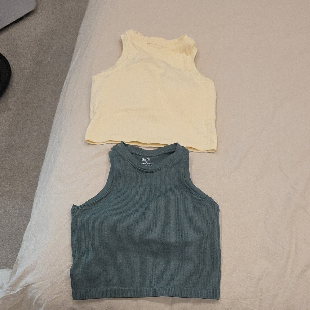 Sleeveless Cream and Teal Ribbed Crop Tops